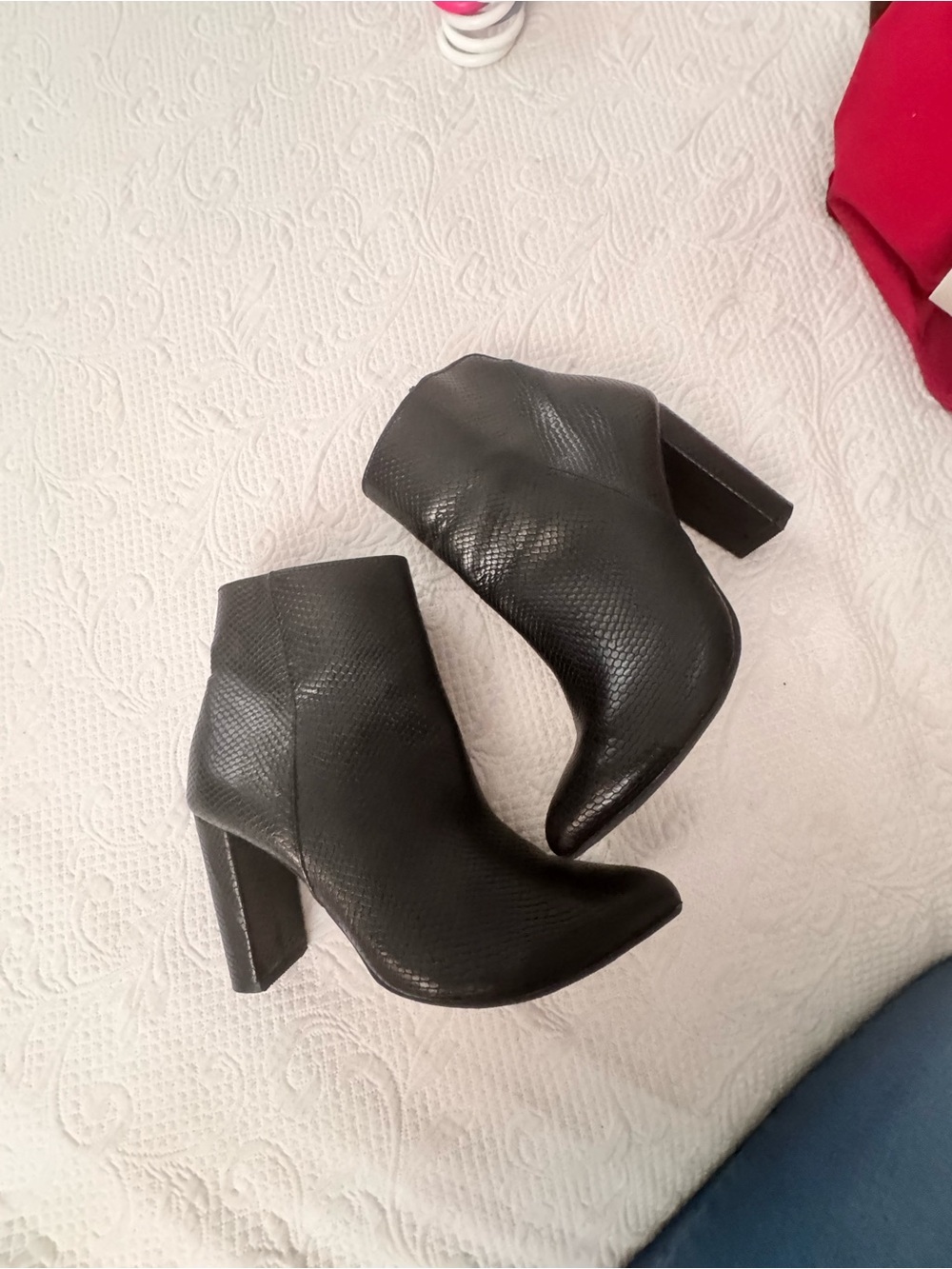 Textured Black Ankle Booties with Block Heel